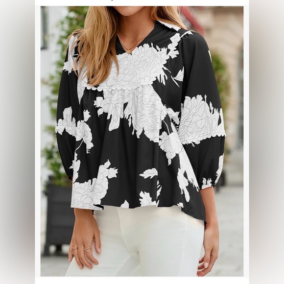 Tankaneo Tops - Elegant Black and White Floral Blouse